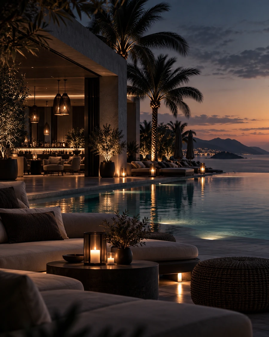 Resort terrace at sunset