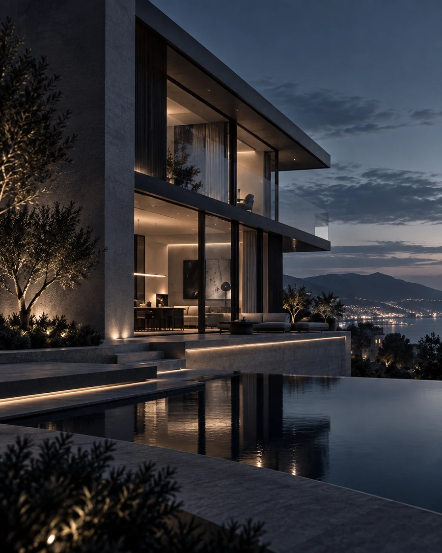 Modern villa above a city at night