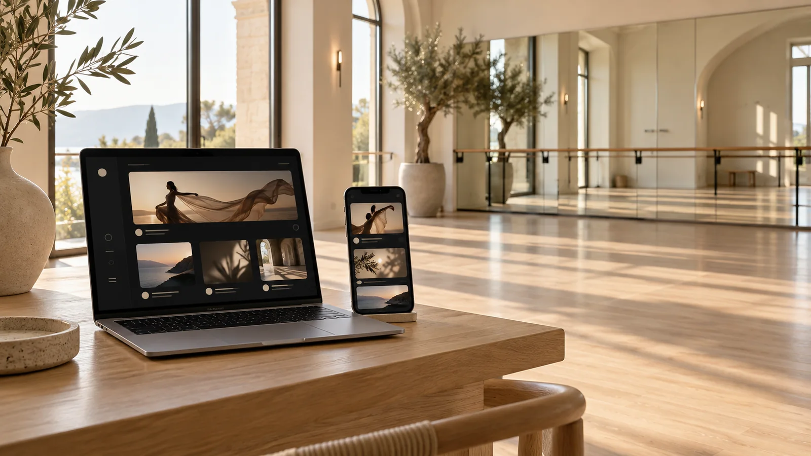 Bright dance studio with a laptop and phone showing the DanceProof app