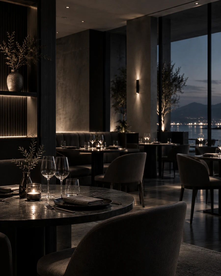 Restaurant interior in the evening